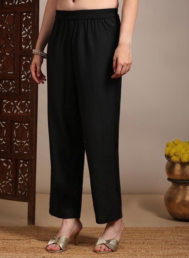 globus Women Black Gold Foil Floral Print Kurta with Pants Set - Image 4